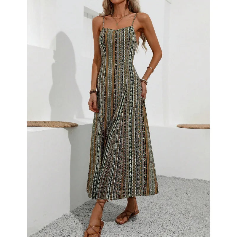 European American Women's Fashion Bohemian Style Dress Long Strap Slim Fit Split Design Solid Pattern
