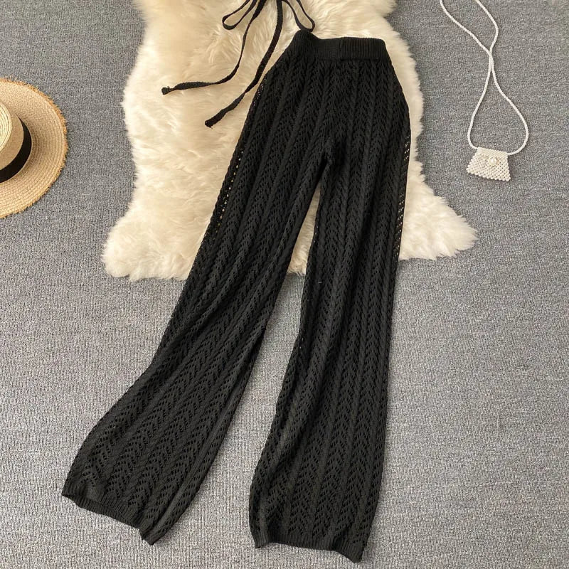 SINGREINY Women Summer Design Knitted Set Sexy Backless Halter Short Tops+Chic Hollow Knitted Wide Leg Long Pants Two Piece Suit