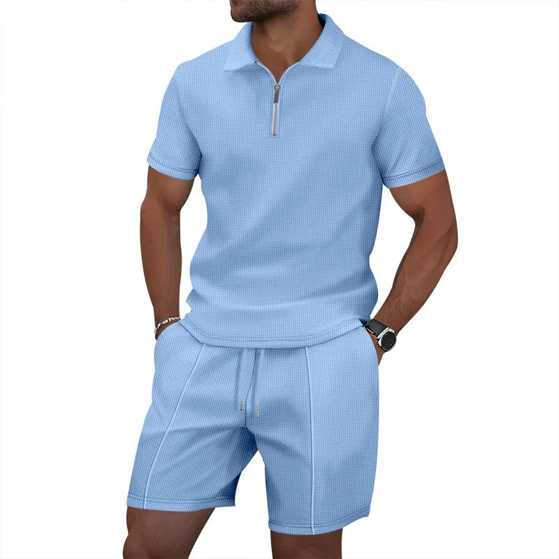 Summer Cross-Border Men's New Waffle-Weave Rhinestone Zipper Solid Color Lapel Short-Sleeve T-Shirt Shorts Casual Set 100%