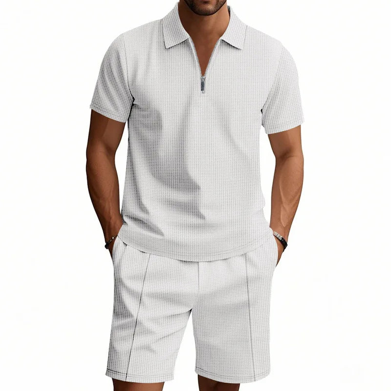 Suit Short-Sleeved Shorts Men's Summer Versatile Waffle Solid Color Casual Loose Lapels T-shirt Suit