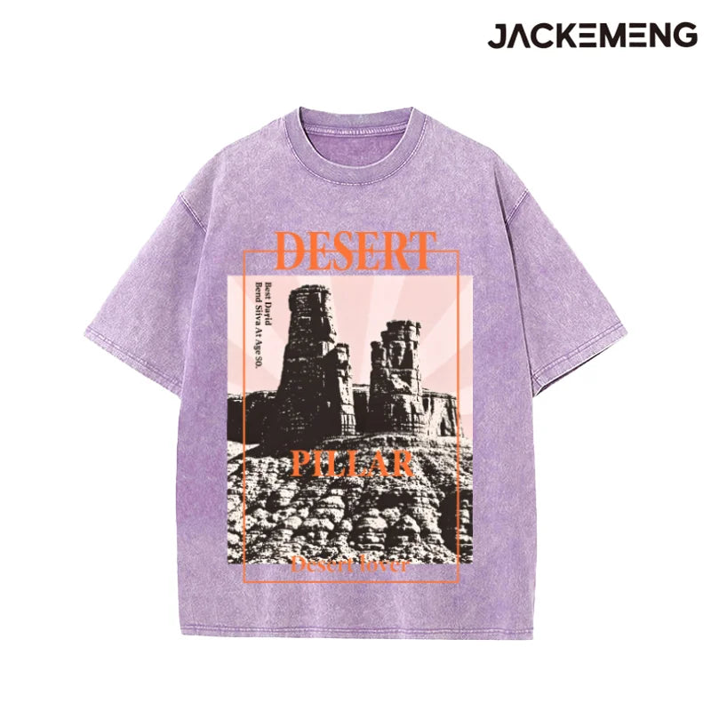 Washed Oversized Cotton Tee Vintage "Desert Pillar" Quote Print Retro Streetwear Casual Tshirt USA Warehouse Wholesale