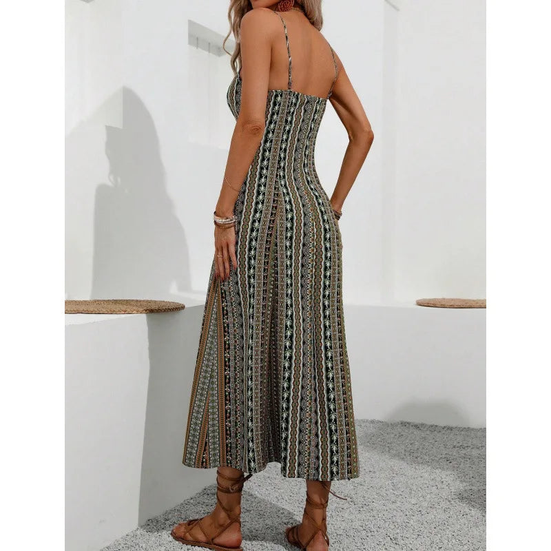 European American Women's Fashion Bohemian Style Dress Long Strap Slim Fit Split Design Solid Pattern