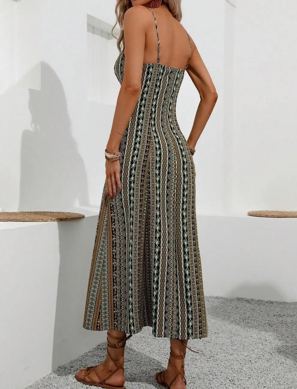 European American Women's Fashion Bohemian Style Dress Long Strap Slim Fit Split Design Solid Pattern