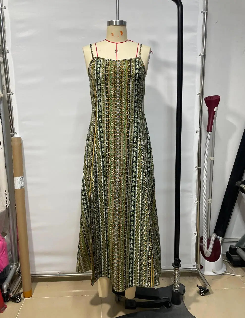 European American Women's Fashion Bohemian Style Dress Long Strap Slim Fit Split Design Solid Pattern