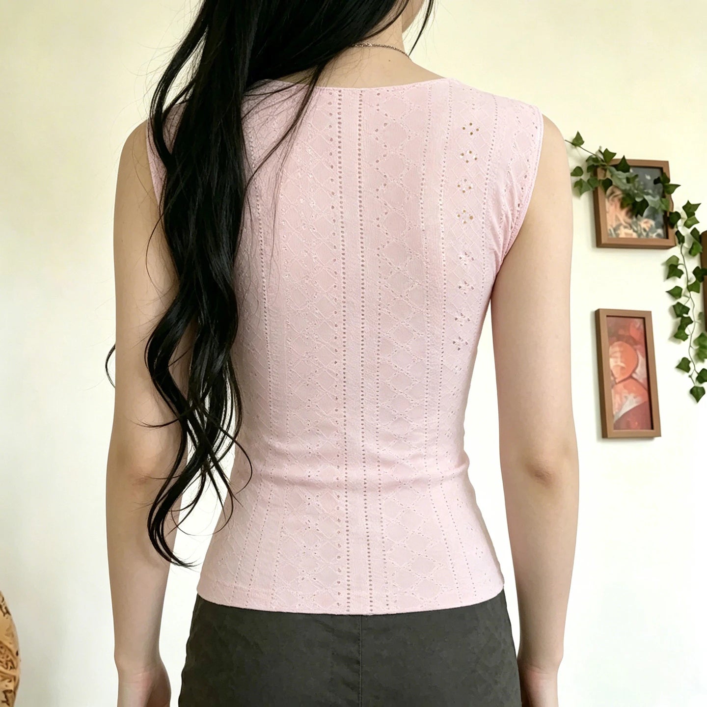 Breathable Eco-Friendly Spandex/Polyester Knitted Textured Lace Bow Slim Fit Sleeveless Square Collar Casual Tank Top 180g Women