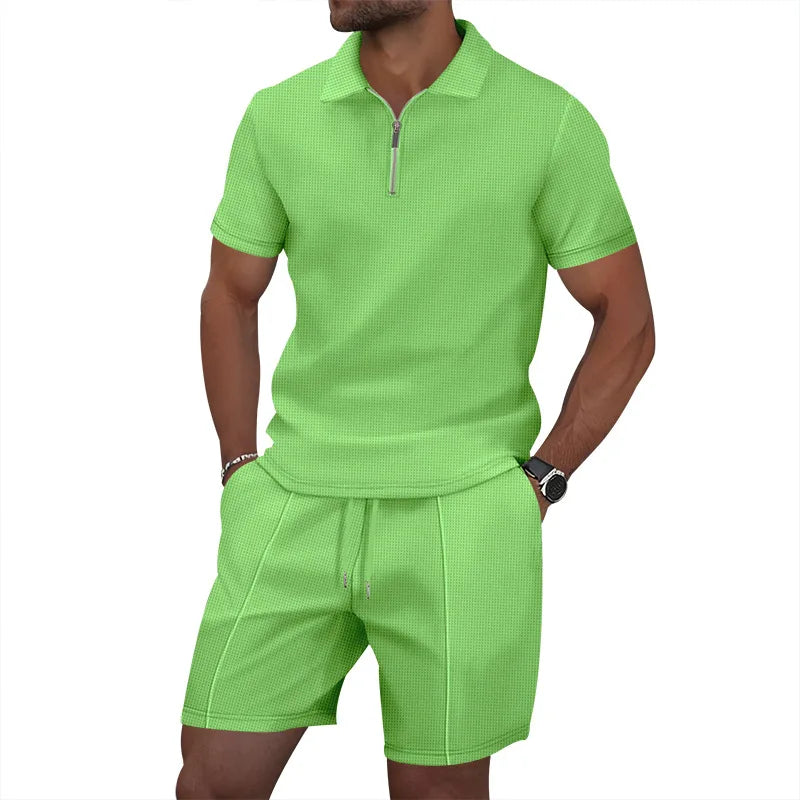 Summer Cross-Border Men's New Waffle-Weave Rhinestone Zipper Solid Color Lapel Short-Sleeve T-Shirt Shorts Casual Set 100%