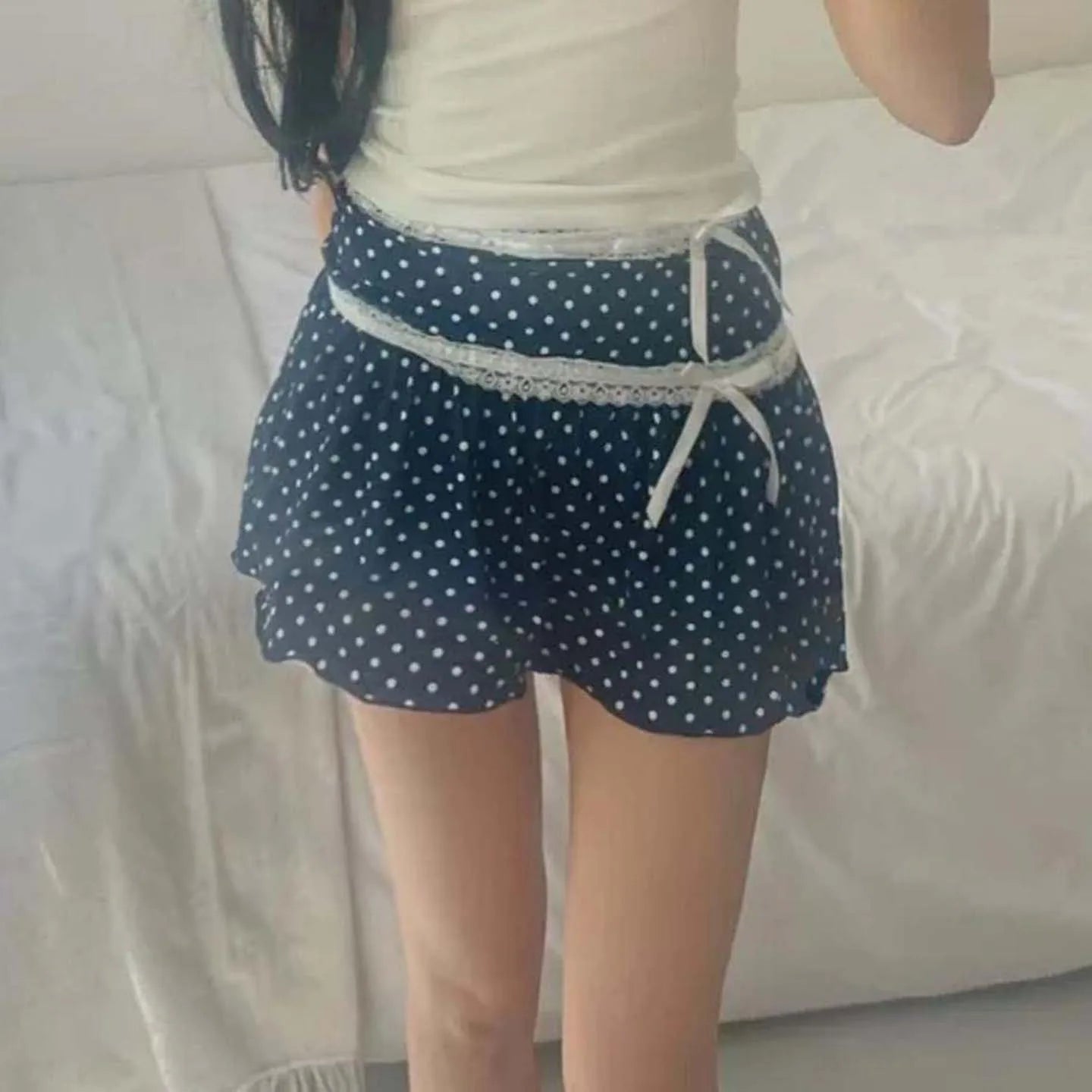 Sweet Polka Dot Women's Natural Waist A-line Mini Skirt Lace Trim Ruched Patchwork Cute Summer Washable Knitted
