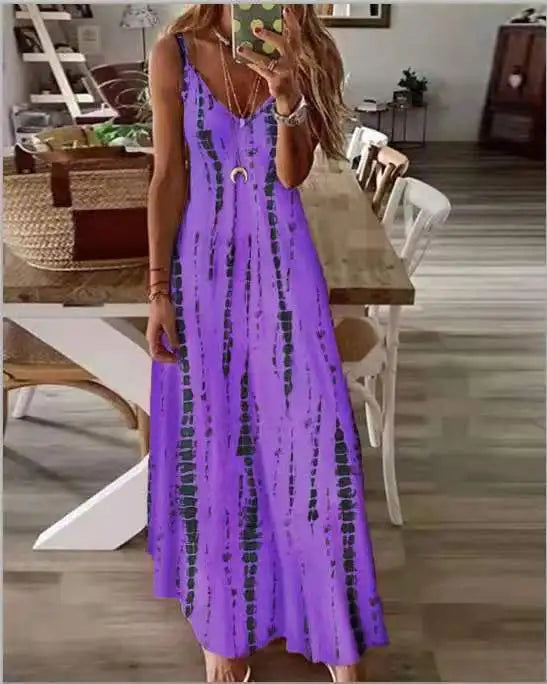Women's Bohemian Casual Dress with Tie-Dye Print Large Flare & Slip Strap for Vacation Slip-On Style