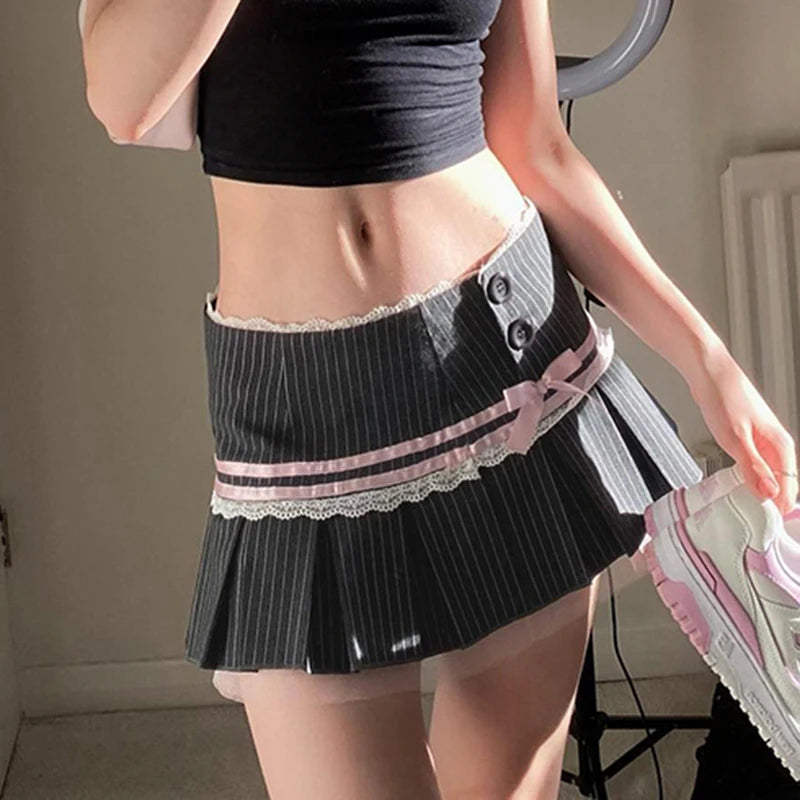 Sweet Low Rise Pleated Skirt Attached Shorts | Girly Style Featuring Lace Bow Striped Color Block | Mini Skirt Spring