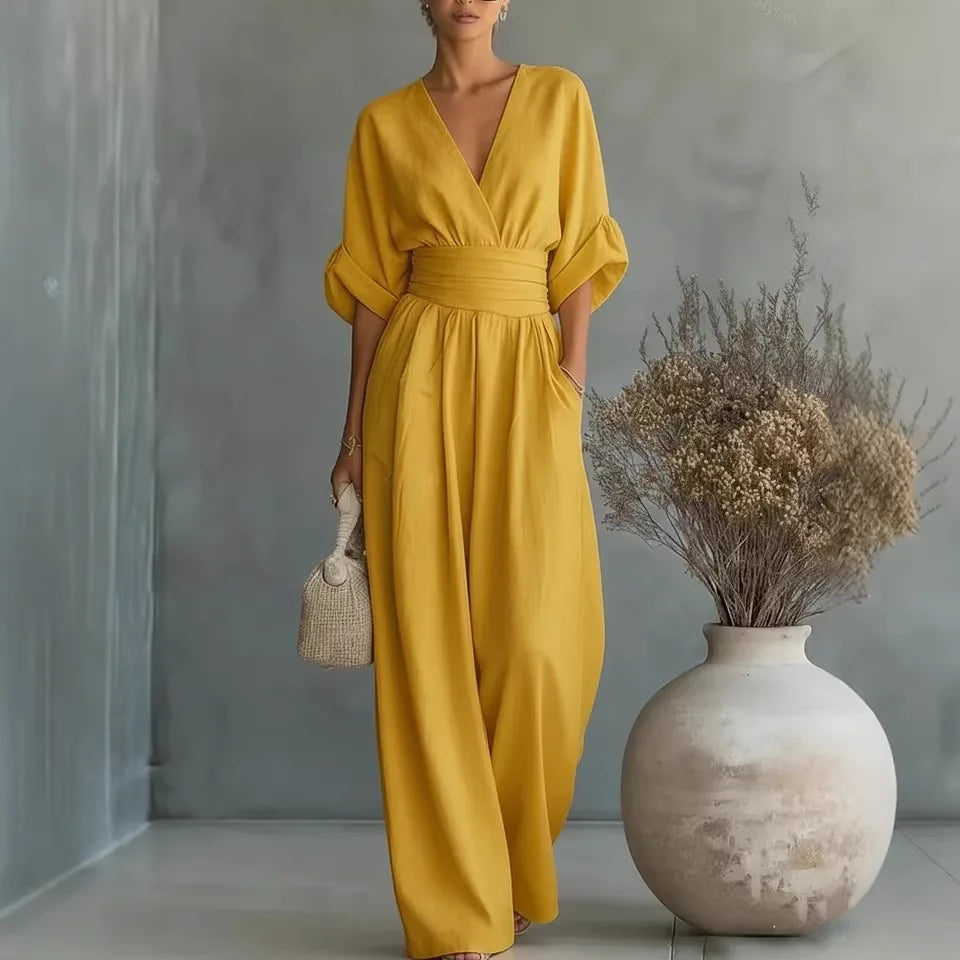 Manufacturer Wholesale Spring Summer New Elegant Pleated High Waist V-neck Breathable Women's Jumpsuit