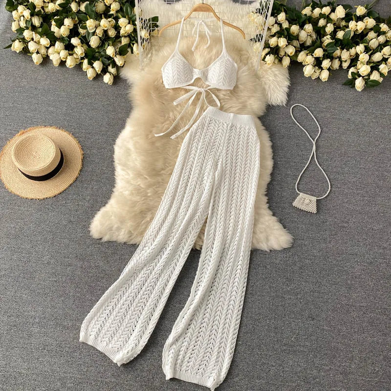 SINGREINY Women Summer Design Knitted Set Sexy Backless Halter Short Tops+Chic Hollow Knitted Wide Leg Long Pants Two Piece Suit
