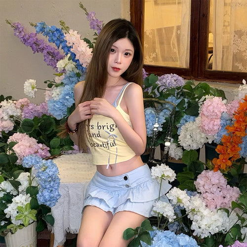 6689# Shibuya Gyaru New Sexy & Cute Pleated Summer Cake-Style Denim Mini Skirt Girls Cleverly Revealing