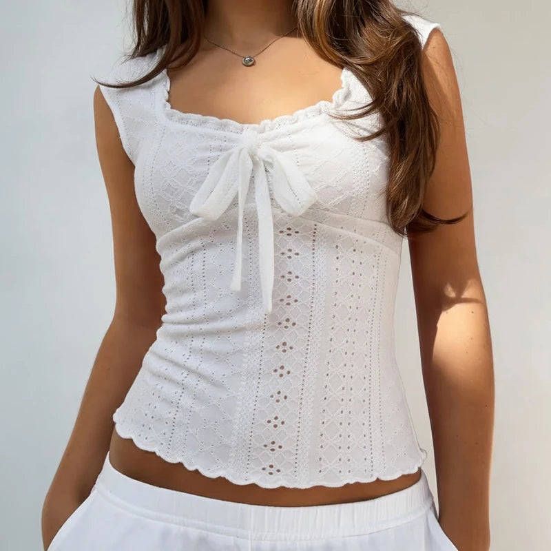 Sweetheart Square Neck Women's Solid Eco-Friendly Breathable Quick Dry Knitted Lace Bow Tie Bustier Hollow Jacquard Detail