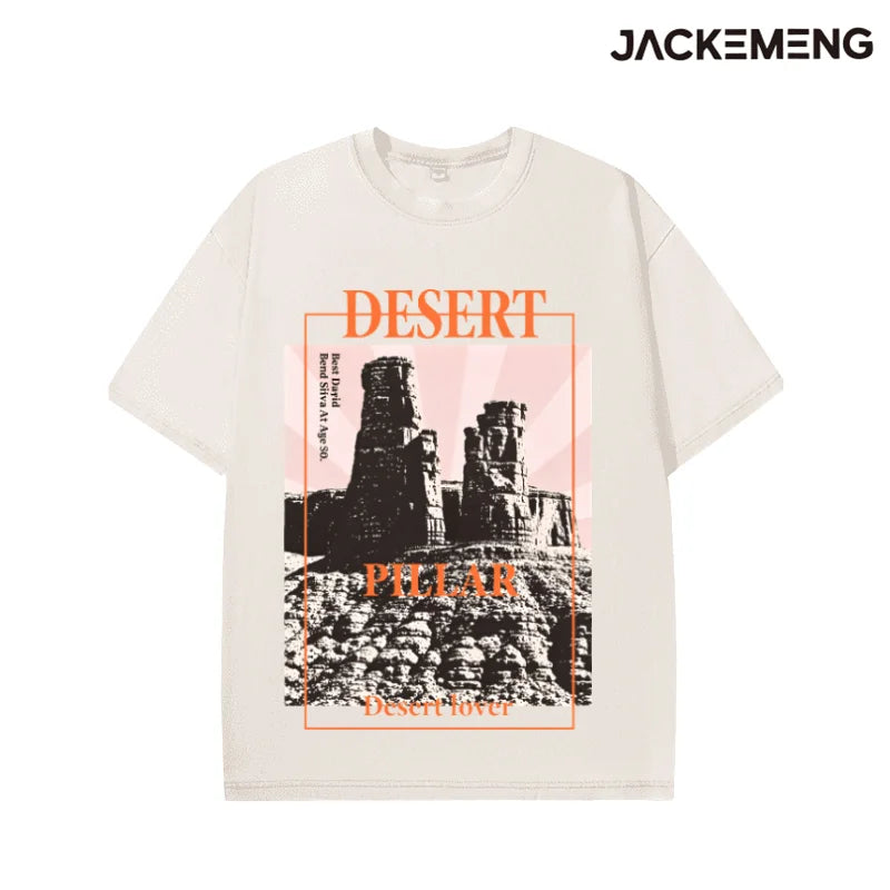 Washed Oversized Cotton Tee Vintage "Desert Pillar" Quote Print Retro Streetwear Casual Tshirt USA Warehouse Wholesale