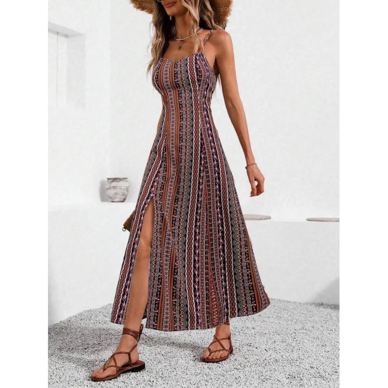 European American Women's Fashion Bohemian Style Dress Long Strap Slim Fit Split Design Solid Pattern