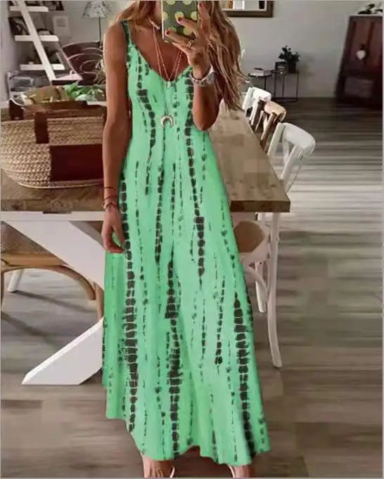 Women's Bohemian Casual Dress with Tie-Dye Print Large Flare & Slip Strap for Vacation Slip-On Style