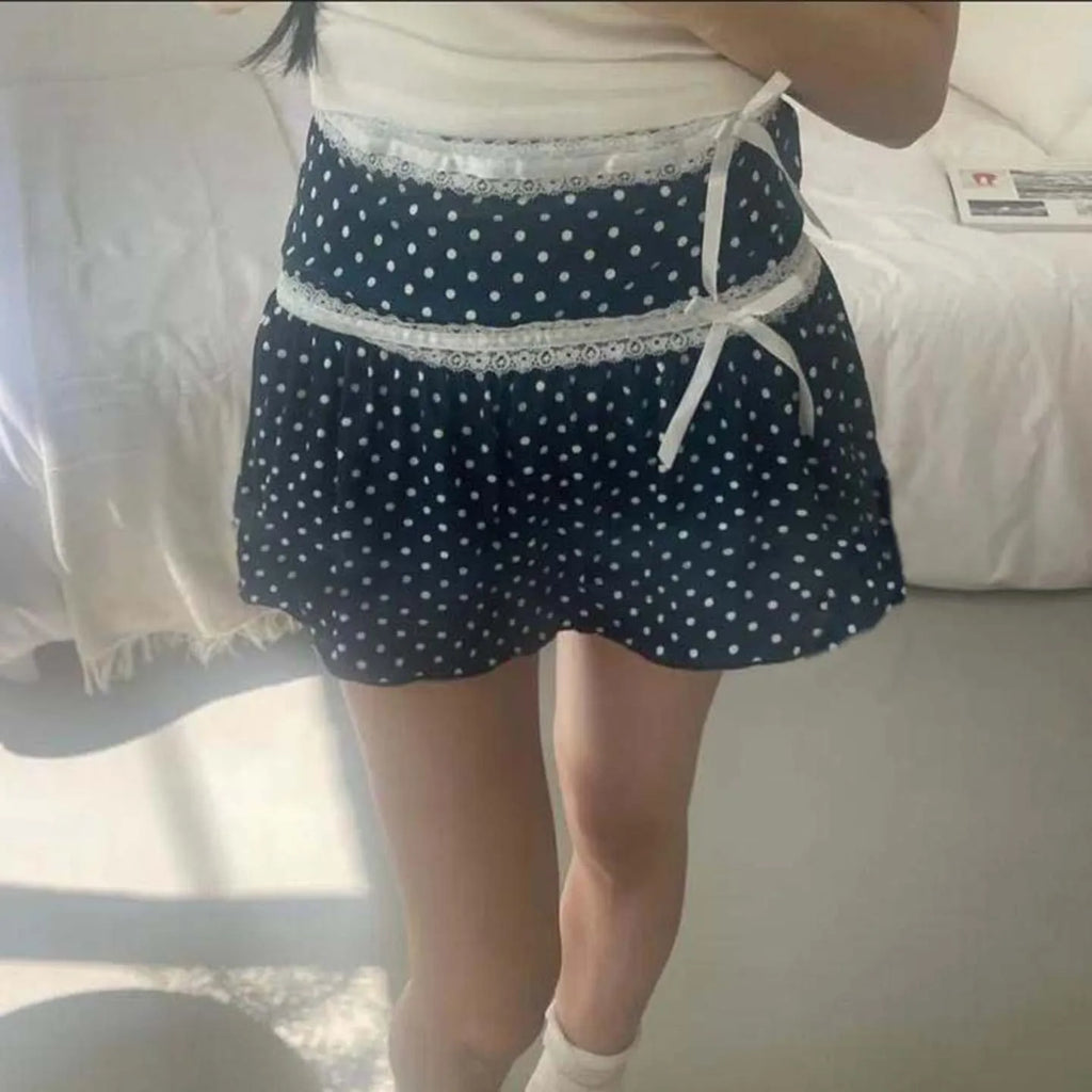 Sweet Polka Dot Women's Natural Waist A-line Mini Skirt Lace Trim Ruched Patchwork Cute Summer Washable Knitted