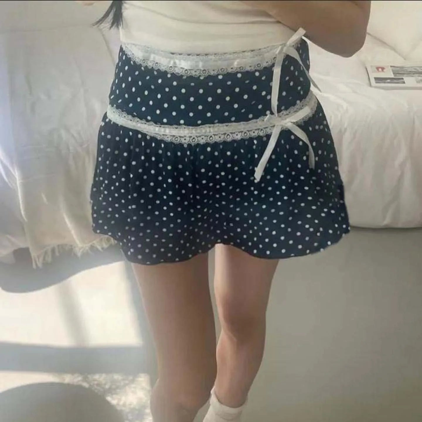 Sweet Polka Dot Women's Natural Waist A-line Mini Skirt Lace Trim Ruched Patchwork Cute Summer Washable Knitted