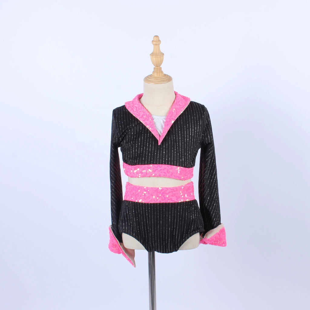Black Stripe Two Piece Dance Leotard Hot pink Sequin Lapel Dance Wear Stage Performance Jazz Belly Dance Costume