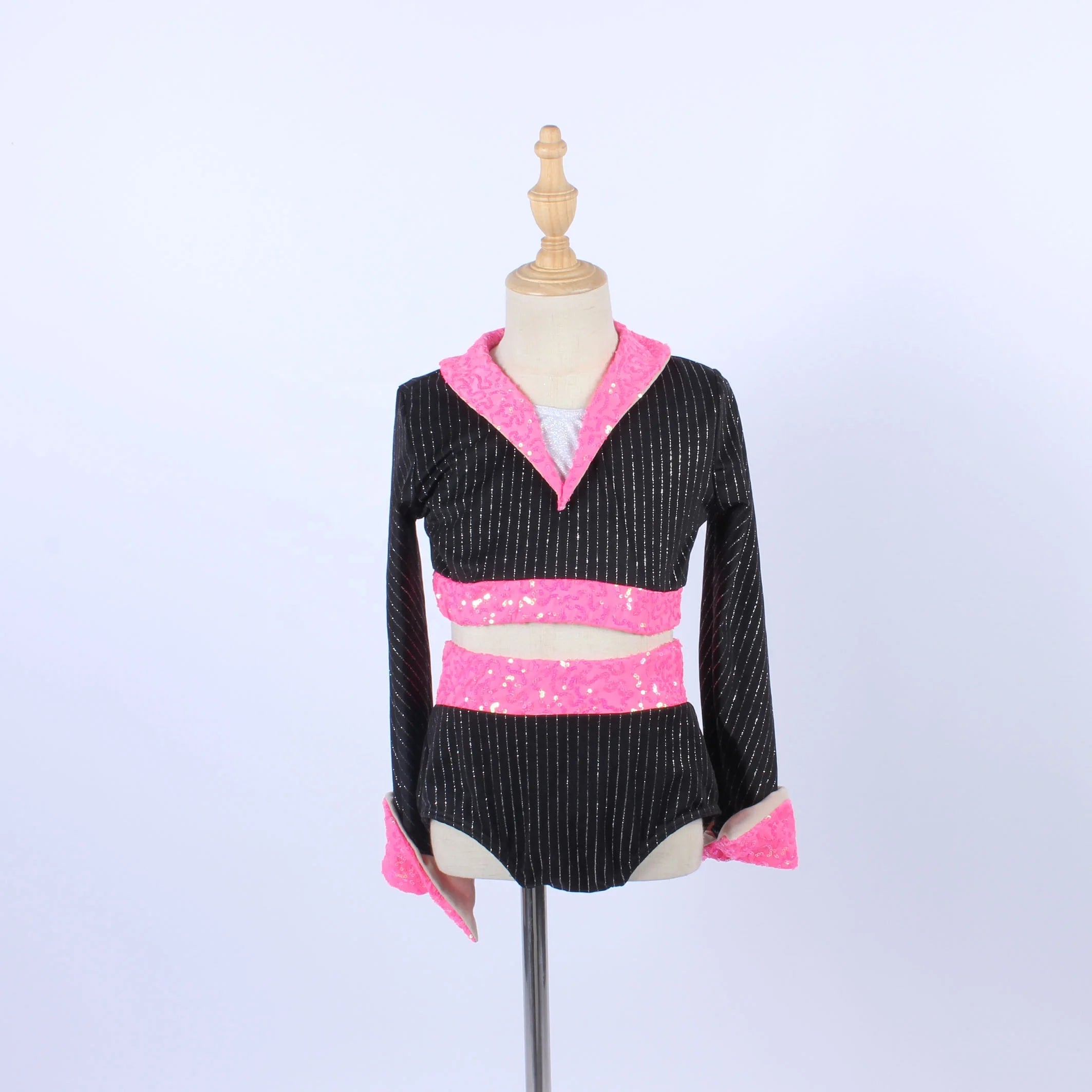 Black Stripe Two Piece Dance Leotard Hot pink Sequin Lapel Dance Wear Stage Performance Jazz Belly Dance Costume