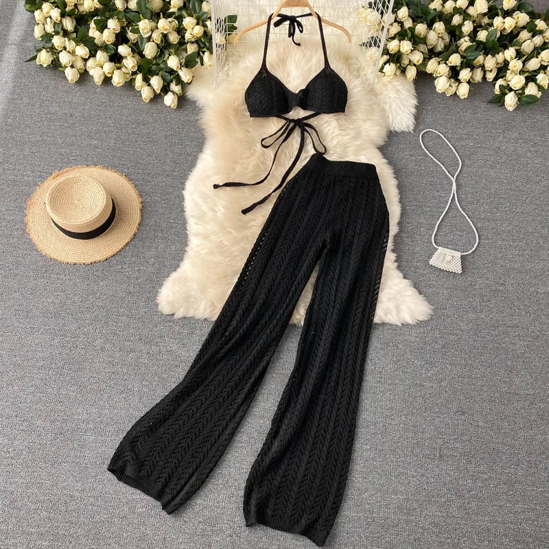 SINGREINY Women Summer Design Knitted Set Sexy Backless Halter Short Tops+Chic Hollow Knitted Wide Leg Long Pants Two Piece Suit