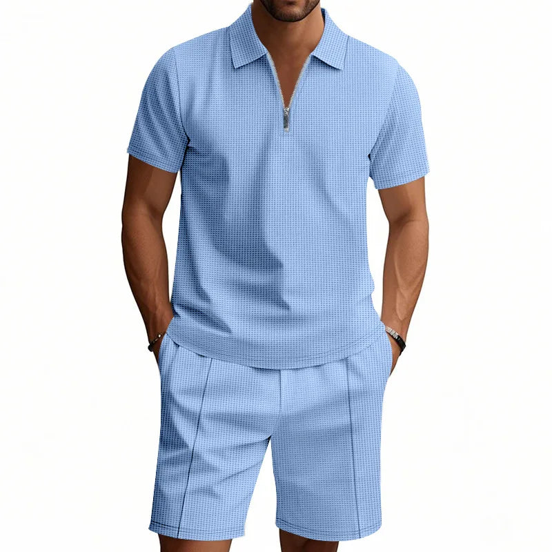 Suit Short-Sleeved Shorts Men's Summer Versatile Waffle Solid Color Casual Loose Lapels T-shirt Suit