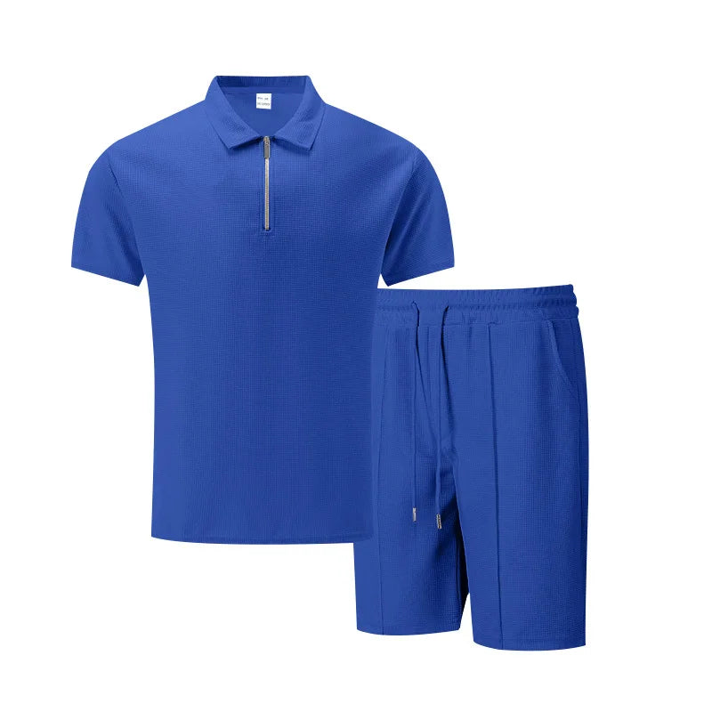 Summer Cross-Border Men's New Waffle-Weave Rhinestone Zipper Solid Color Lapel Short-Sleeve T-Shirt Shorts Casual Set 100%