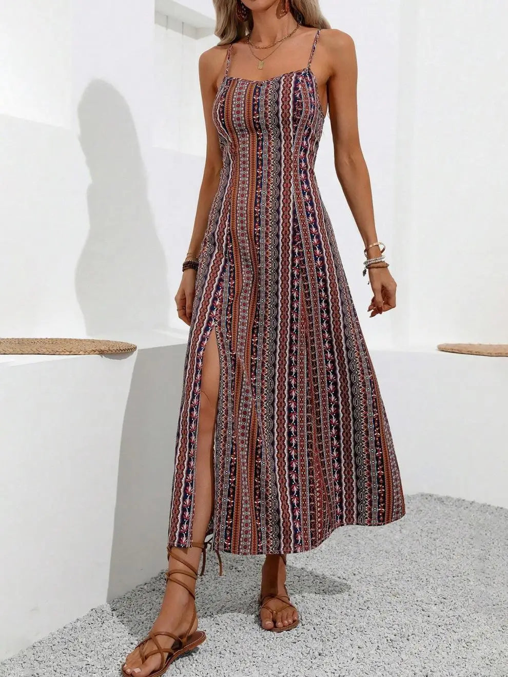European American Women's Fashion Bohemian Style Dress Long Strap Slim Fit Split Design Solid Pattern
