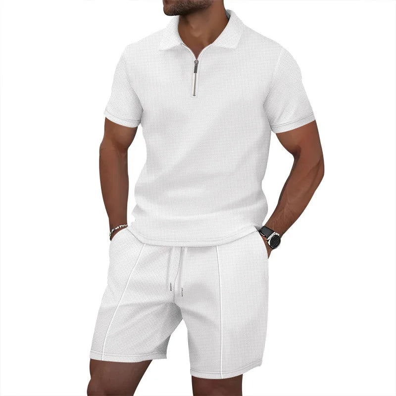 Summer Cross-Border Men's New Waffle-Weave Rhinestone Zipper Solid Color Lapel Short-Sleeve T-Shirt Shorts Casual Set 100%