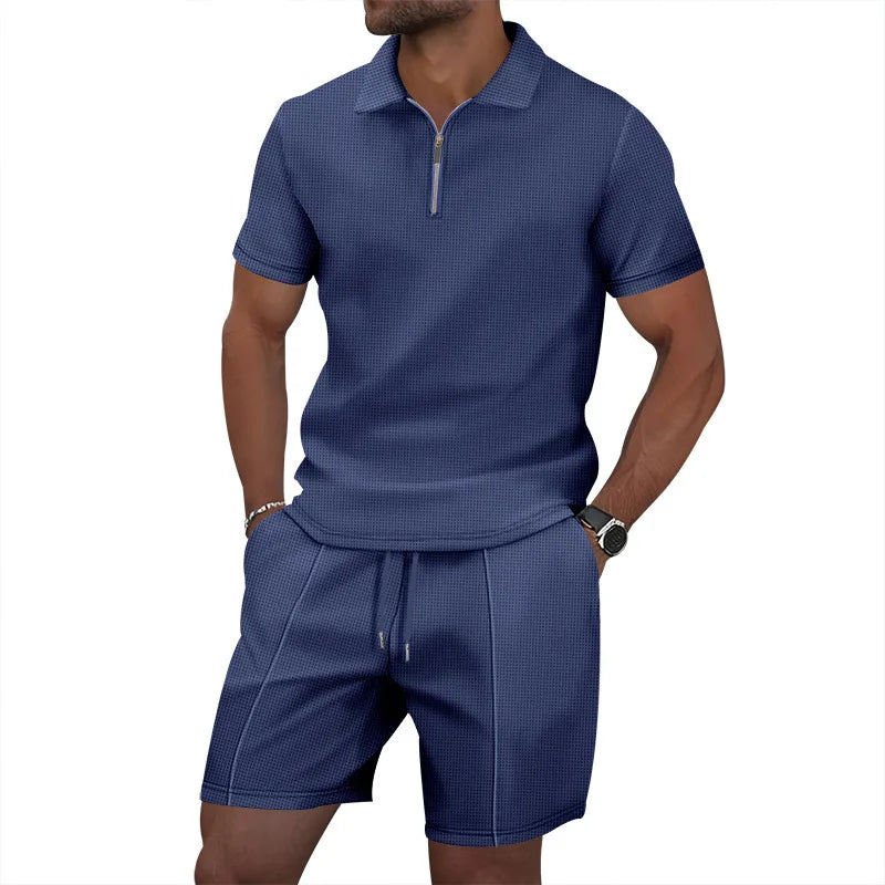 Summer Cross-Border Men's New Waffle-Weave Rhinestone Zipper Solid Color Lapel Short-Sleeve T-Shirt Shorts Casual Set 100%