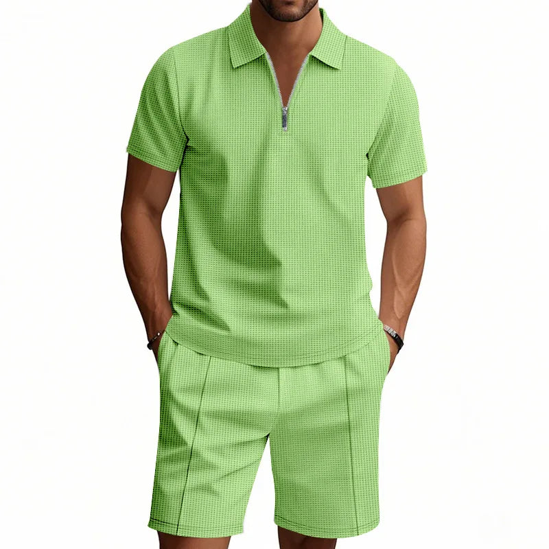 Suit Short-Sleeved Shorts Men's Summer Versatile Waffle Solid Color Casual Loose Lapels T-shirt Suit