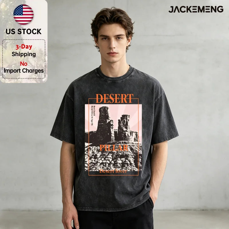Washed Oversized Cotton Tee Vintage "Desert Pillar" Quote Print Retro Streetwear Casual Tshirt USA Warehouse Wholesale