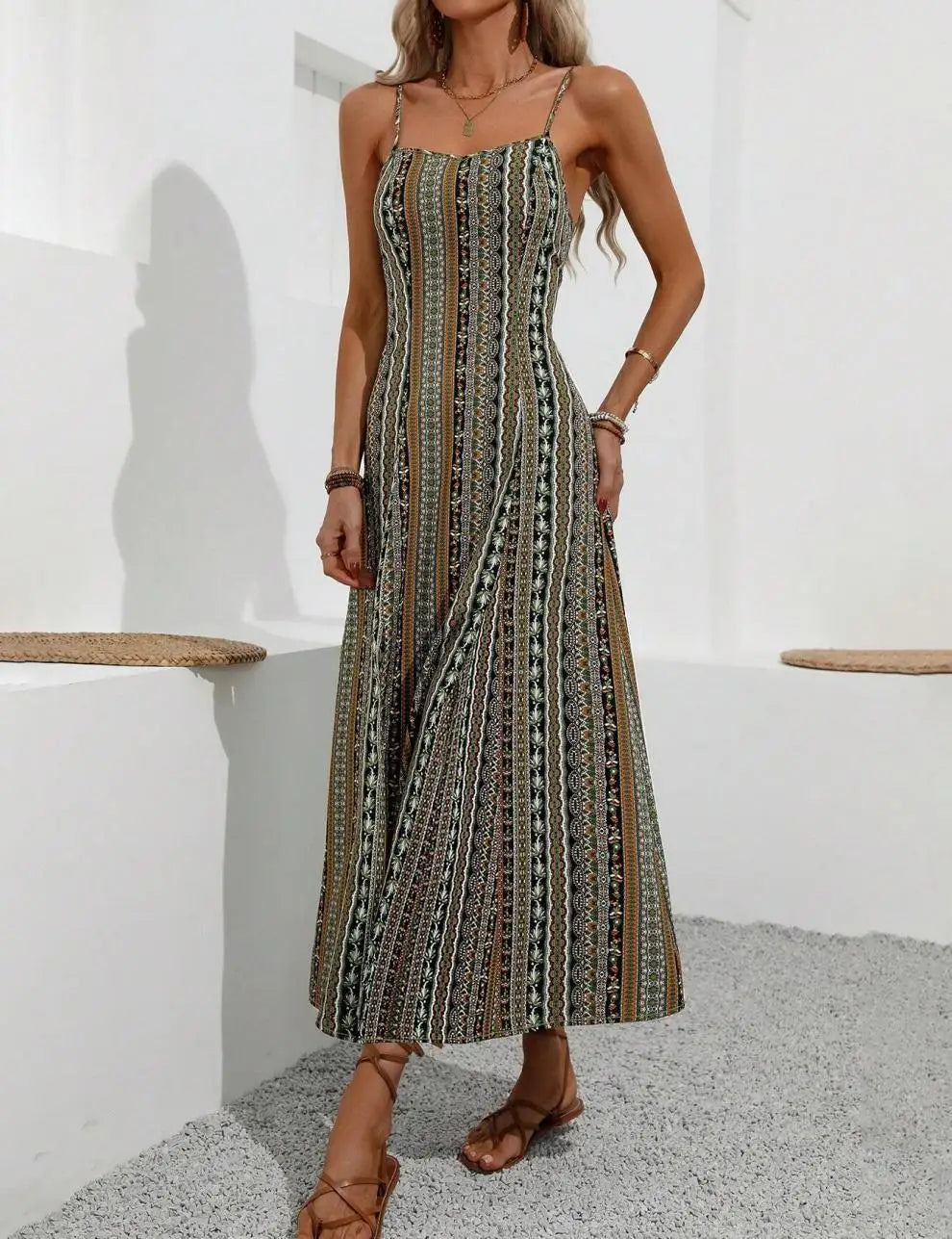 European American Women's Fashion Bohemian Style Dress Long Strap Slim Fit Split Design Solid Pattern