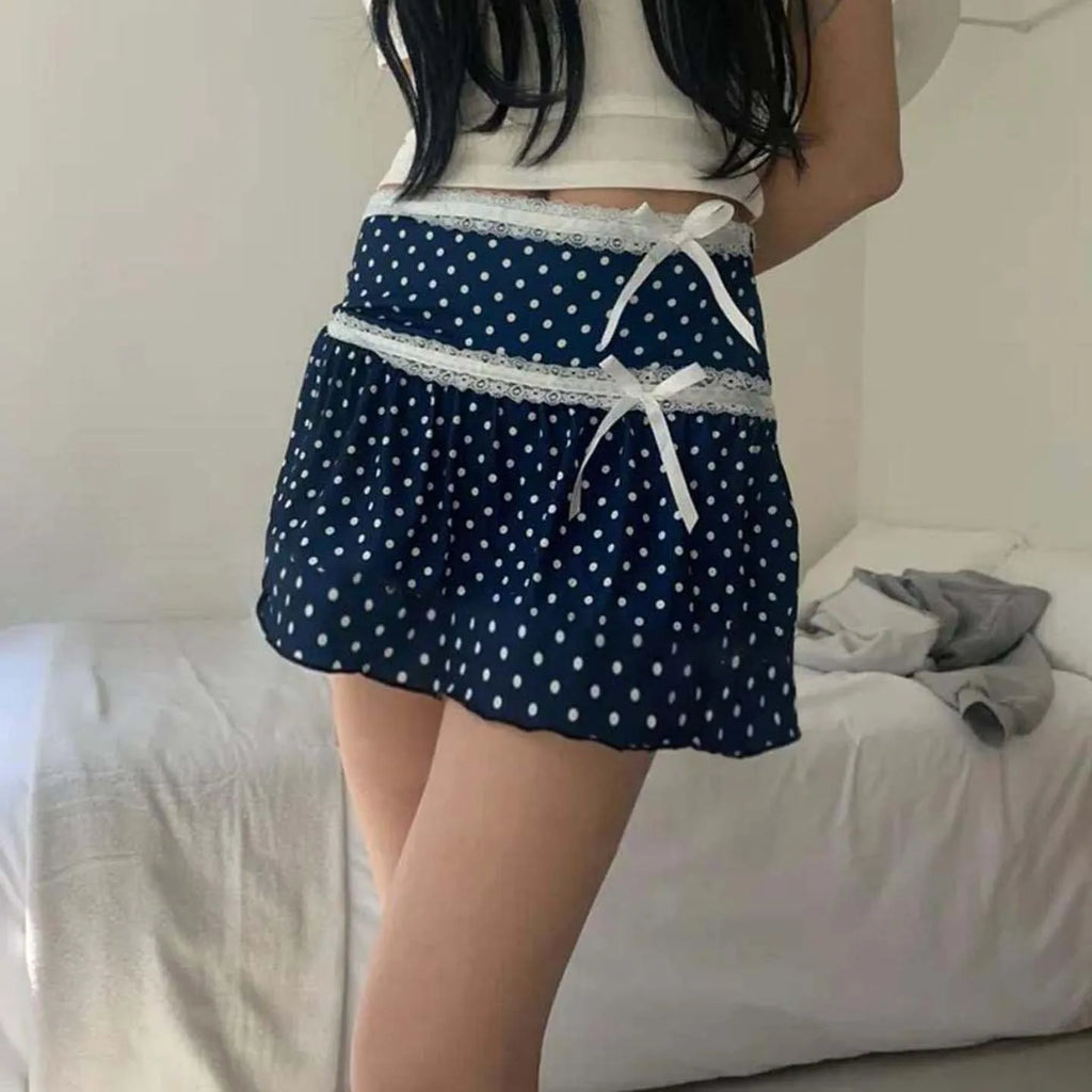Sweet Polka Dot Women's Natural Waist A-line Mini Skirt Lace Trim Ruched Patchwork Cute Summer Washable Knitted