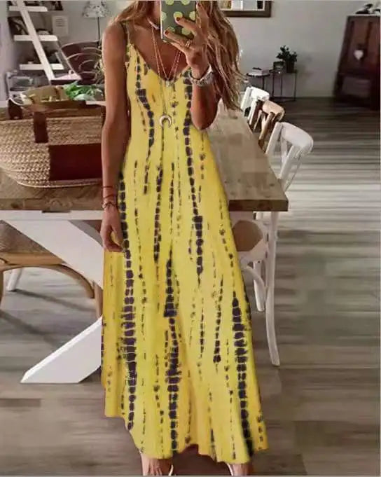 Women's Bohemian Casual Dress with Tie-Dye Print Large Flare & Slip Strap for Vacation Slip-On Style