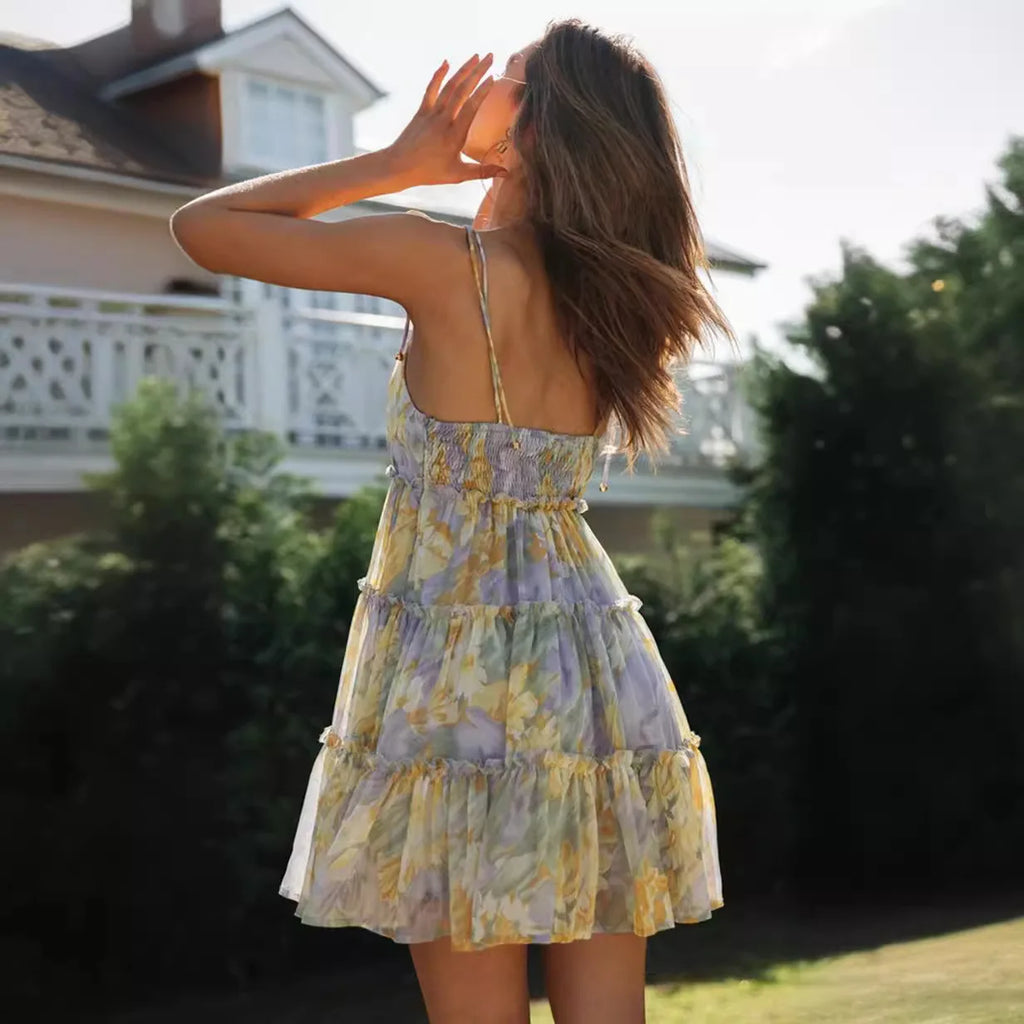 Guangzhou Market Women's Clothing Spaghetti Strap Dress with Printed Lace-up Big Skirt Fashion Trade Purchase Agent