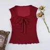 Sweetheart Square Neck Women's Solid Eco-Friendly Breathable Quick Dry Knitted Lace Bow Tie Bustier Hollow Jacquard Detail