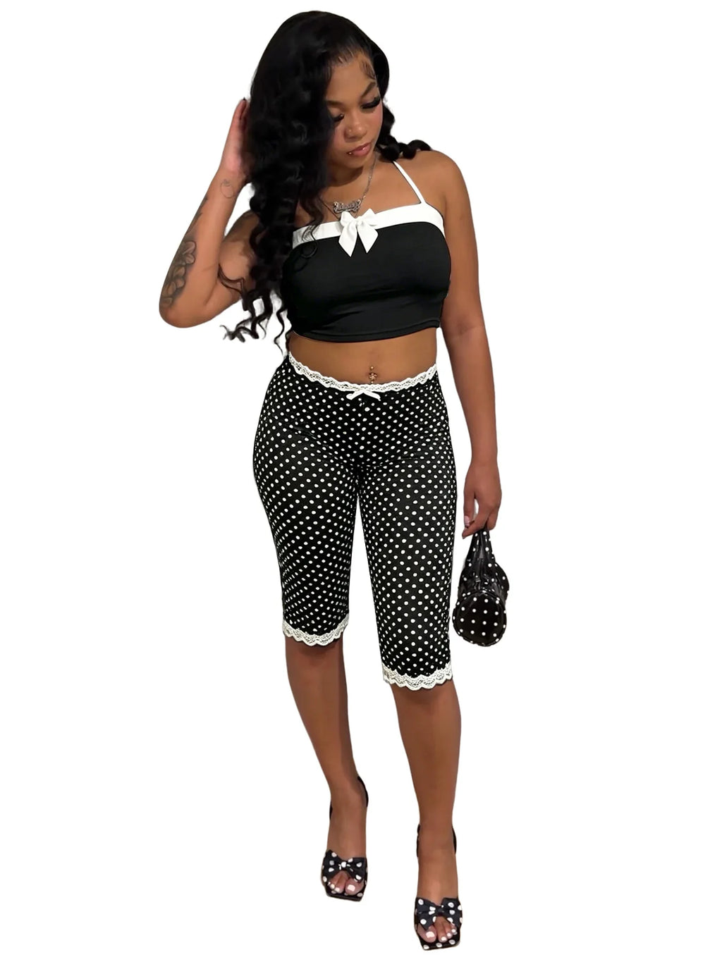 2026 Women's Clothing 2 Piece Set Women Sexy Sleeveless Bow Crop Top and Dot Shorts Summer Two Piece Women's Sets