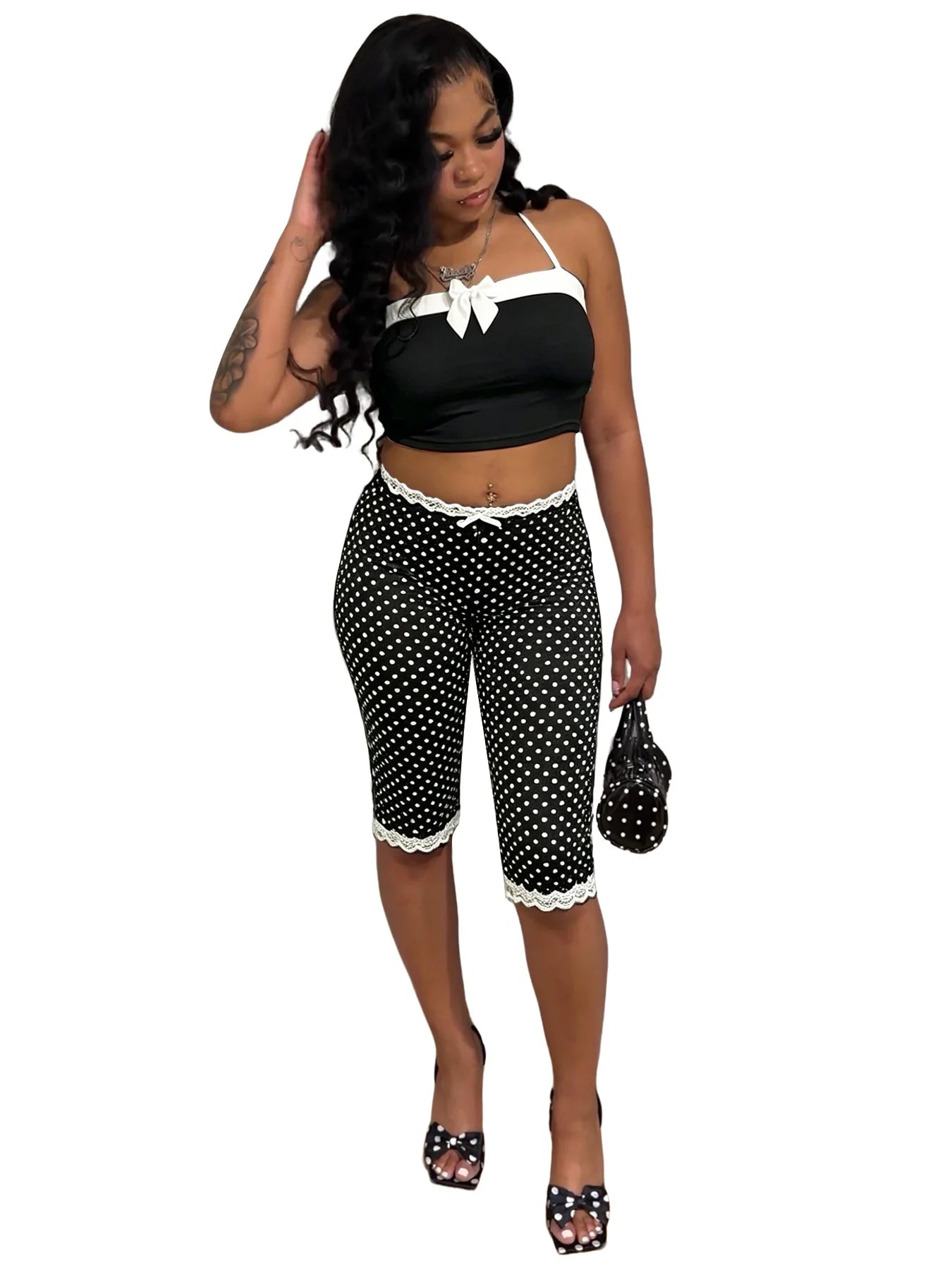 2026 Women's Clothing 2 Piece Set Women Sexy Sleeveless Bow Crop Top and Dot Shorts Summer Two Piece Women's Sets