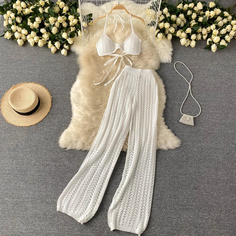 SINGREINY Women Summer Design Knitted Set Sexy Backless Halter Short Tops+Chic Hollow Knitted Wide Leg Long Pants Two Piece Suit