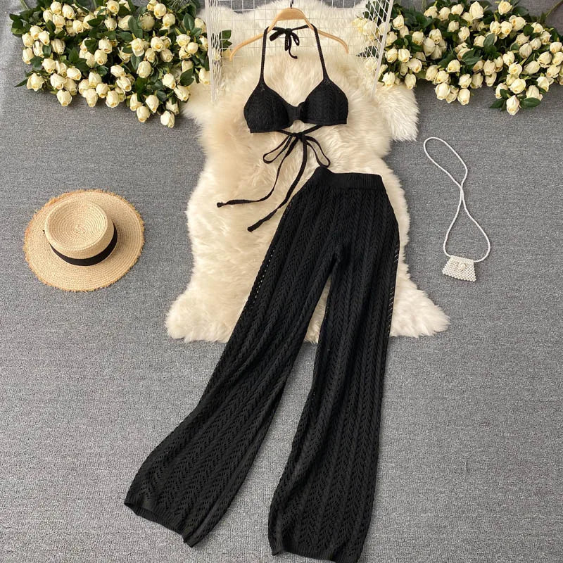 SINGREINY Women Summer Design Knitted Set Sexy Backless Halter Short Tops+Chic Hollow Knitted Wide Leg Long Pants Two Piece Suit