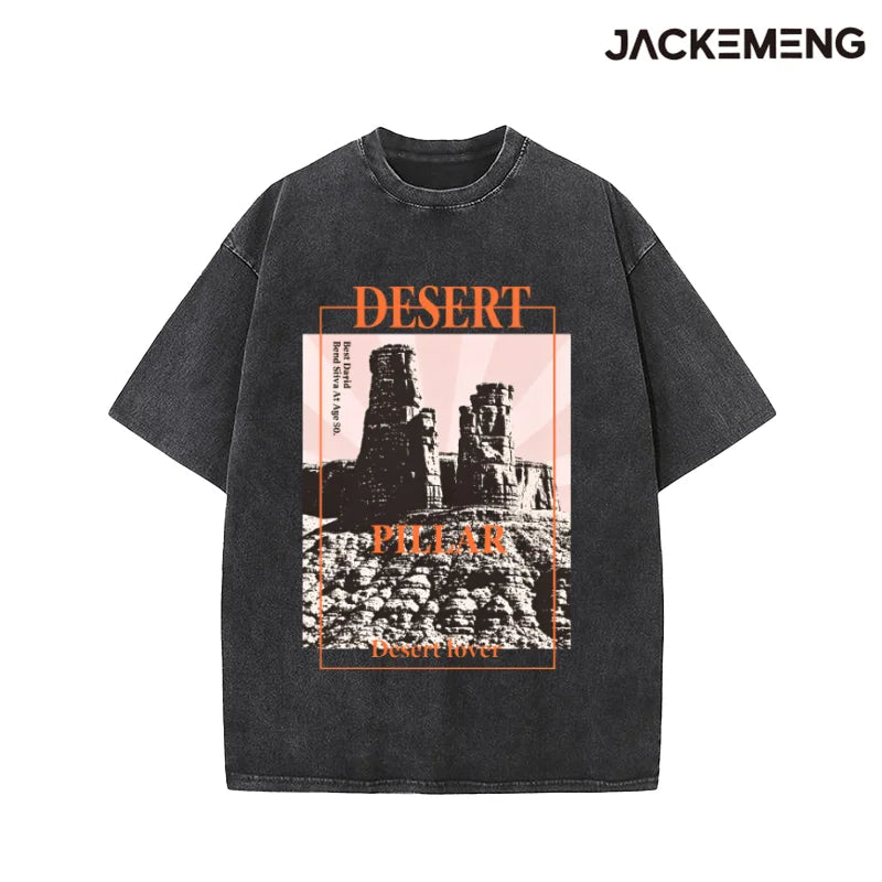 Washed Oversized Cotton Tee Vintage "Desert Pillar" Quote Print Retro Streetwear Casual Tshirt USA Warehouse Wholesale