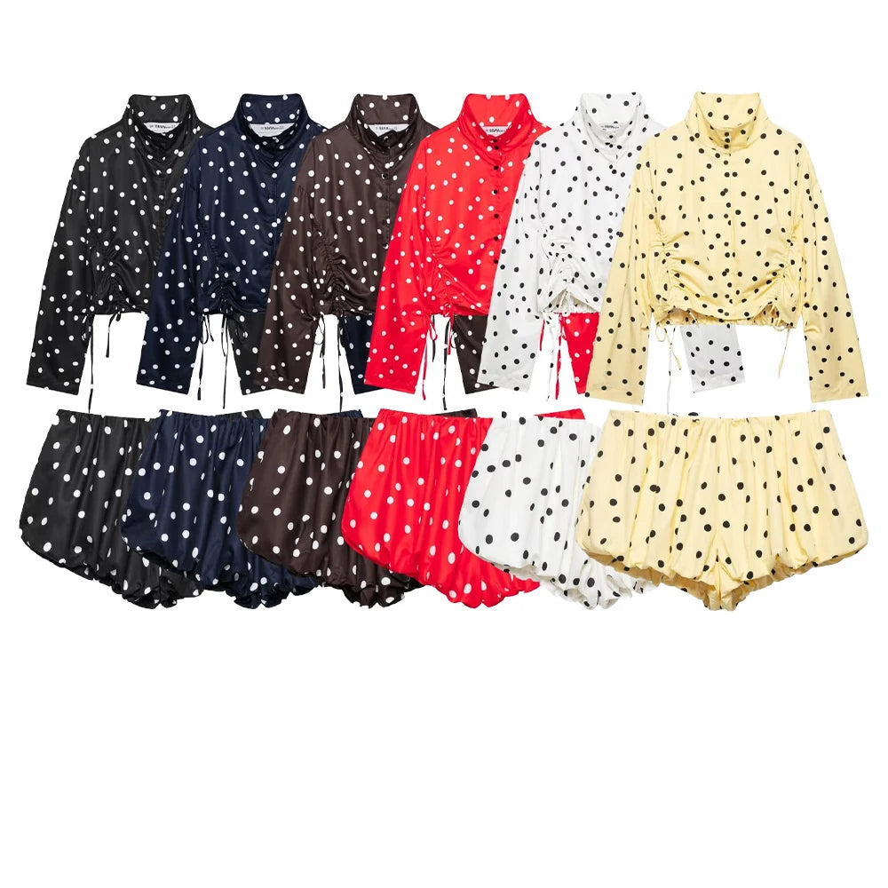 Set Women's 2026 new casual fashion 2-piece polka-dot breasted long-sleeved jacket+retro women's polka-dot mini shorts set