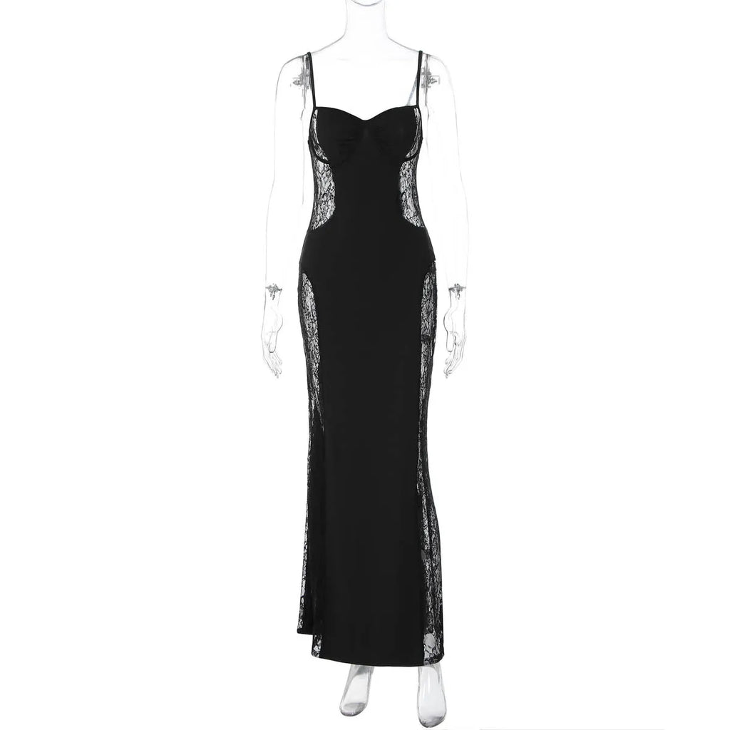 Sexy Spaghetti Strap Lace Patchwork Dress Women Backless Slit Slim Fit Party Club Evening Gown Fall New 2026 Vestidos 3521