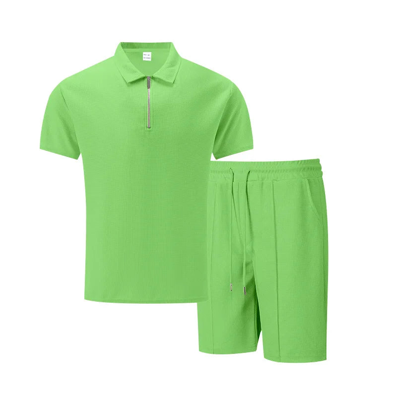 Summer Cross-Border Men's New Waffle-Weave Rhinestone Zipper Solid Color Lapel Short-Sleeve T-Shirt Shorts Casual Set 100%
