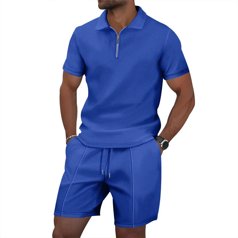 Summer Cross-Border Men's New Waffle-Weave Rhinestone Zipper Solid Color Lapel Short-Sleeve T-Shirt Shorts Casual Set 100%