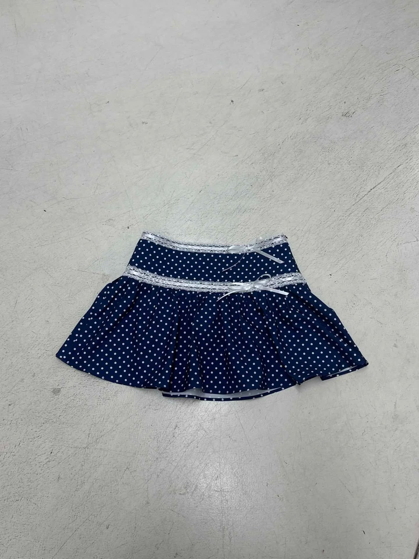 Sweet Polka Dot Women's Natural Waist A-line Mini Skirt Lace Trim Ruched Patchwork Cute Summer Washable Knitted