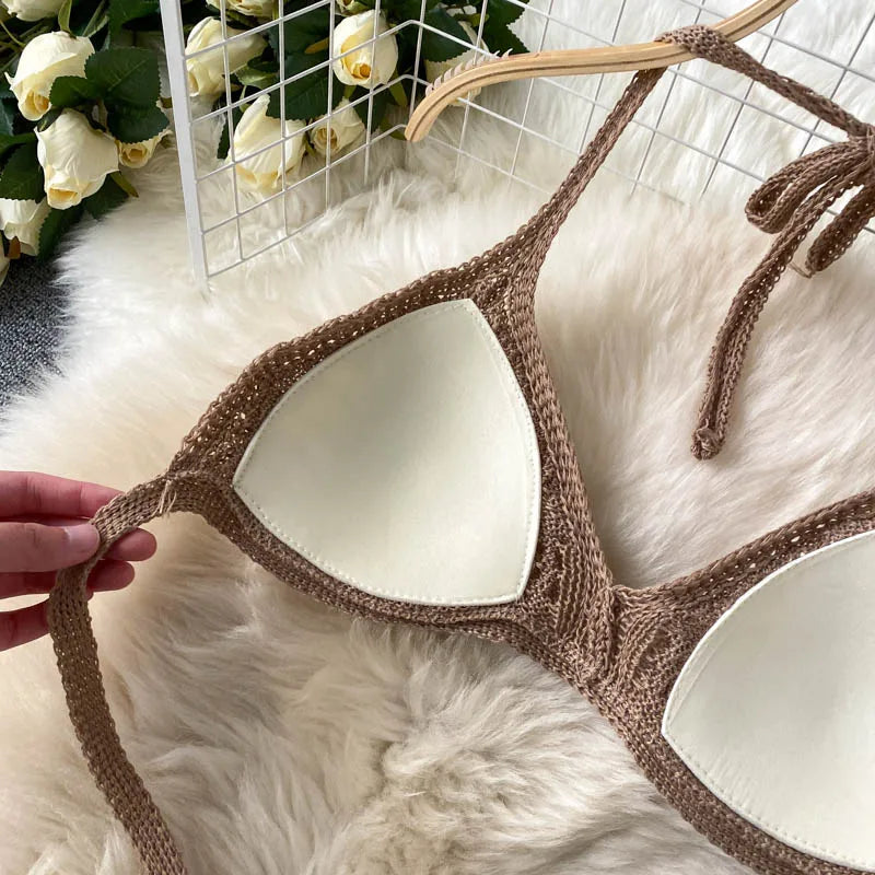 SINGREINY Women Summer Design Knitted Set Sexy Backless Halter Short Tops+Chic Hollow Knitted Wide Leg Long Pants Two Piece Suit