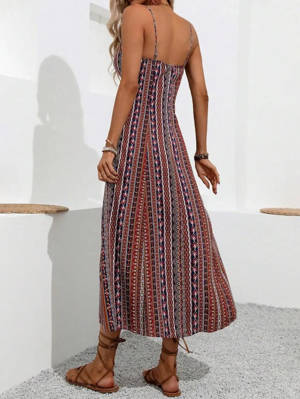European American Women's Fashion Bohemian Style Dress Long Strap Slim Fit Split Design Solid Pattern