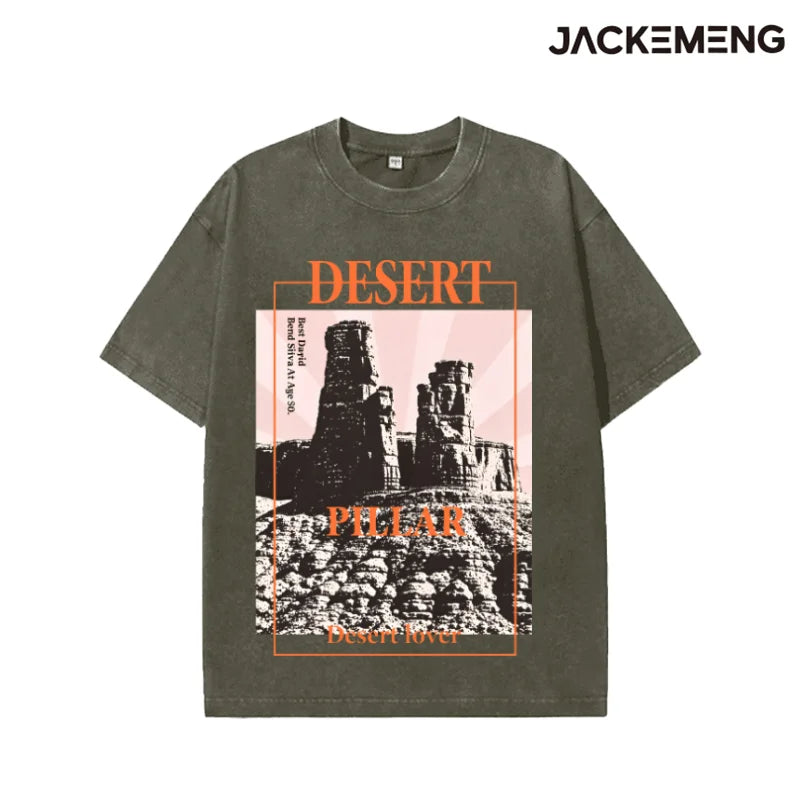 Washed Oversized Cotton Tee Vintage "Desert Pillar" Quote Print Retro Streetwear Casual Tshirt USA Warehouse Wholesale